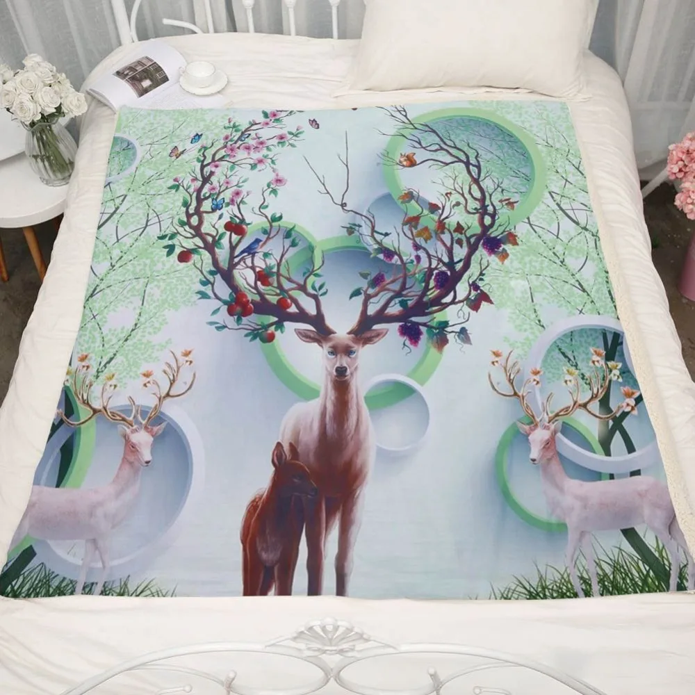 Green Spring Trees Sika Deer Coral Fleece Blankets Portable Office Circle Flannel Throws Blanket Kids Adults Bed Sofa Soft Sheet