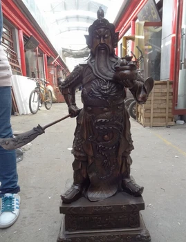

xd 002612 40" Chinese Bronze Wealth Warrior Dragon Head Stand GuanGong GuanYu God Statue