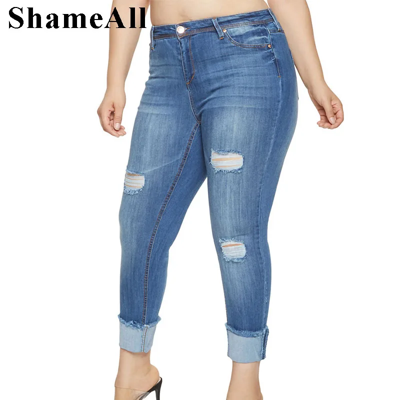 

Plus Size Ripped Holes Light Blue Skinny Cuffed Jeans 5XL 7XL Distressed Tassel Slim Casual Jeans Pencil Denim Pants Mom Jean