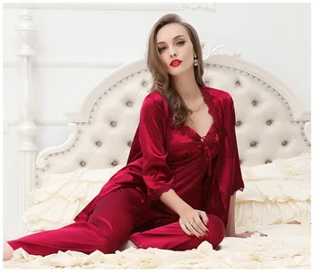 

women pajamas sets 2015 new arrival clothing set ladies fashion design sleepwear silk robe + Camisole + pants