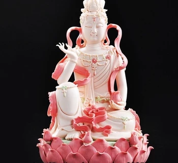 

Chinese Pottery Dehua Wucai Porcelain Lotus Guanyin Kwan-yin Bodhisattva Statue