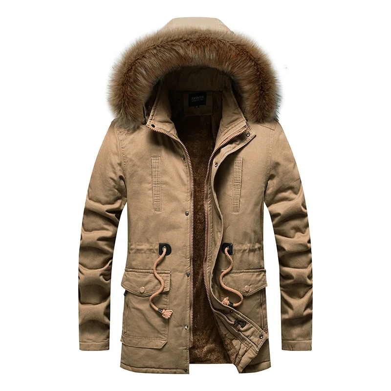 Мужская зимняя теплая меховая зимняя куртка мужская Толстая ветрозащитная парка с капюшоном мужские куртки и пальто ветровка пальто Jaqueta Masculina - Цвет: khaki