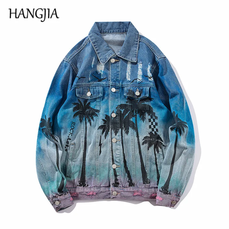

Coconut Tree Print Distressed Denim Jacket Mens Streetwear Vintage Washed Hole Jackets and Coats Hip Hop Loose Jackets for Men