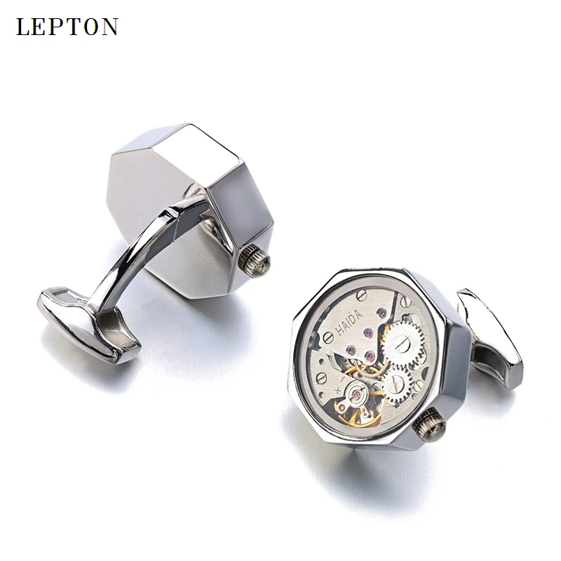 Lepton функциональные часы движение запонки со стеклом Горячая Нержавеющая сталь, стимпанк механизм часы запонки для мужчин
