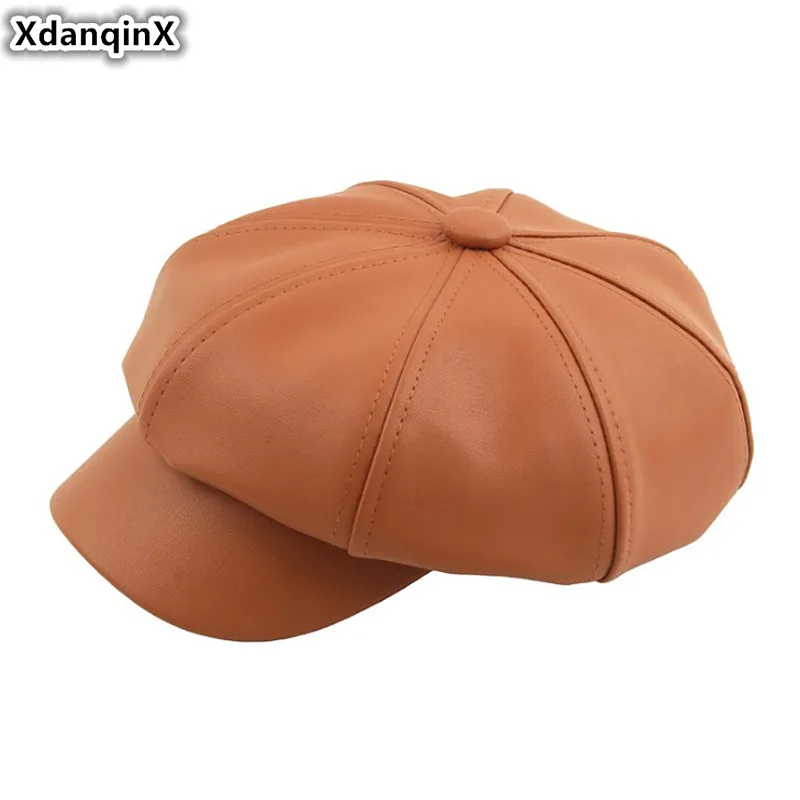 

XdanqinX Autumn Winter Women's Hat PU Imitation Leather Beret Hats Solid Elegant Fashion Female Bone Cap Snapback Caps For Women