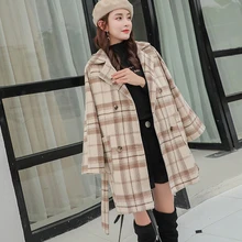 Зимнее корейское пальто для женщин модное винтажное шерстяное клетчатое Пальто двубортное пальто с отложным воротником Женское пальто abrigos