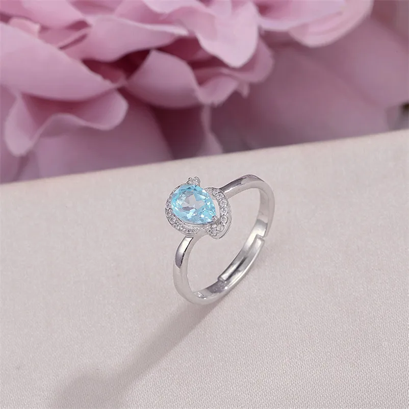 Rings For Women Fine Jewelry 100% Silver Natural Topaz Blue Water Drop Gemstone Ring Simple Classic Accessories R-TO013
