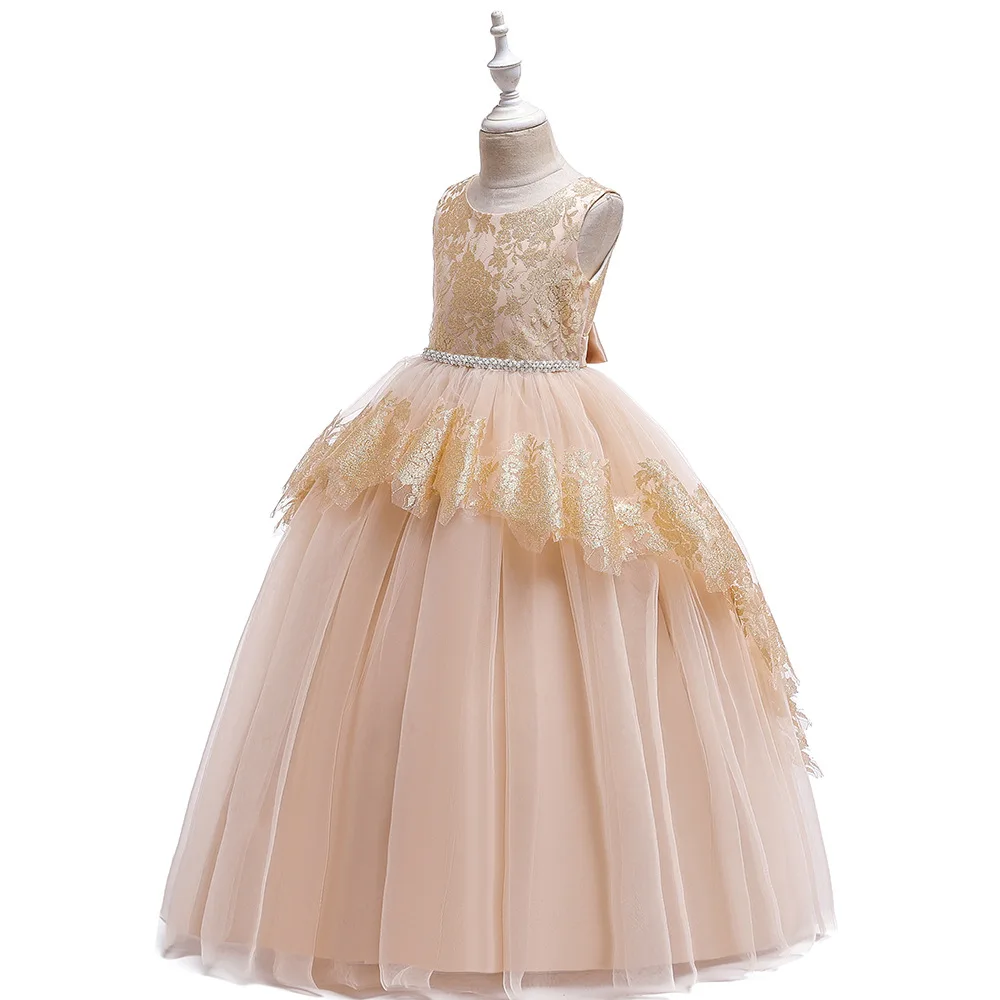 Новое Детское длинное платье газовое свадебное платье принцессы из сетчатой ткани с позолоченными цветами платье Qi с цветочным узором для девочек банкетное платье