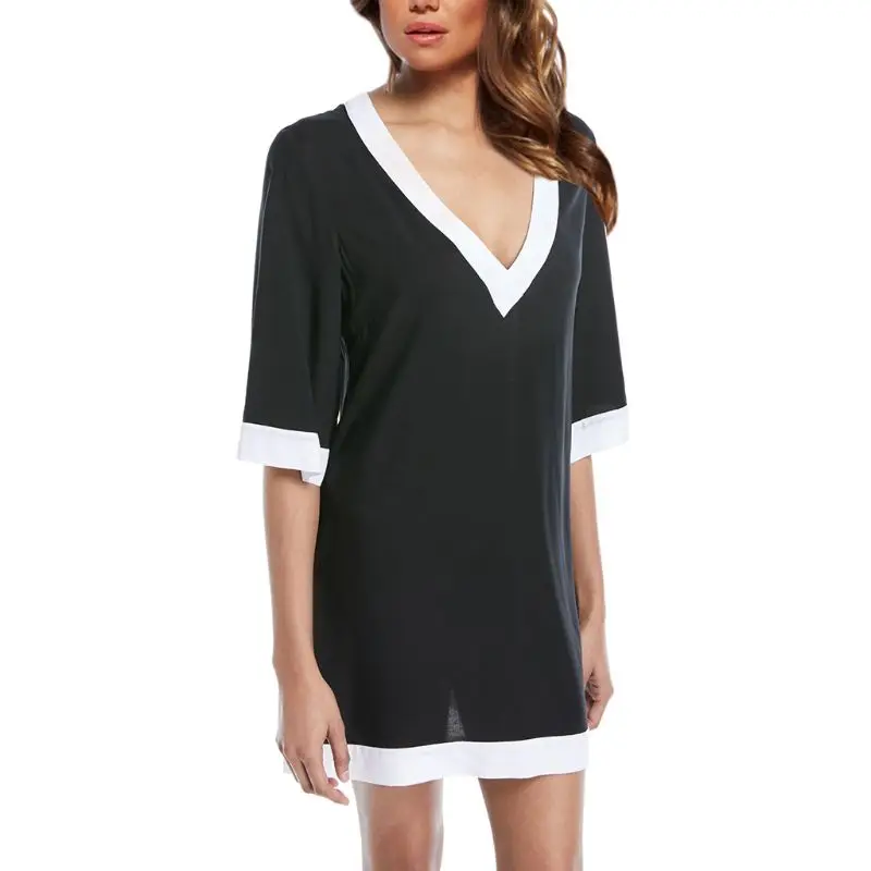 

Womens Summer Vacation Half Sleeves Pullover T-Shirt Dress Black White Contrast Blouse Plunging Deep V-Neck Mini Bikini Cover Up