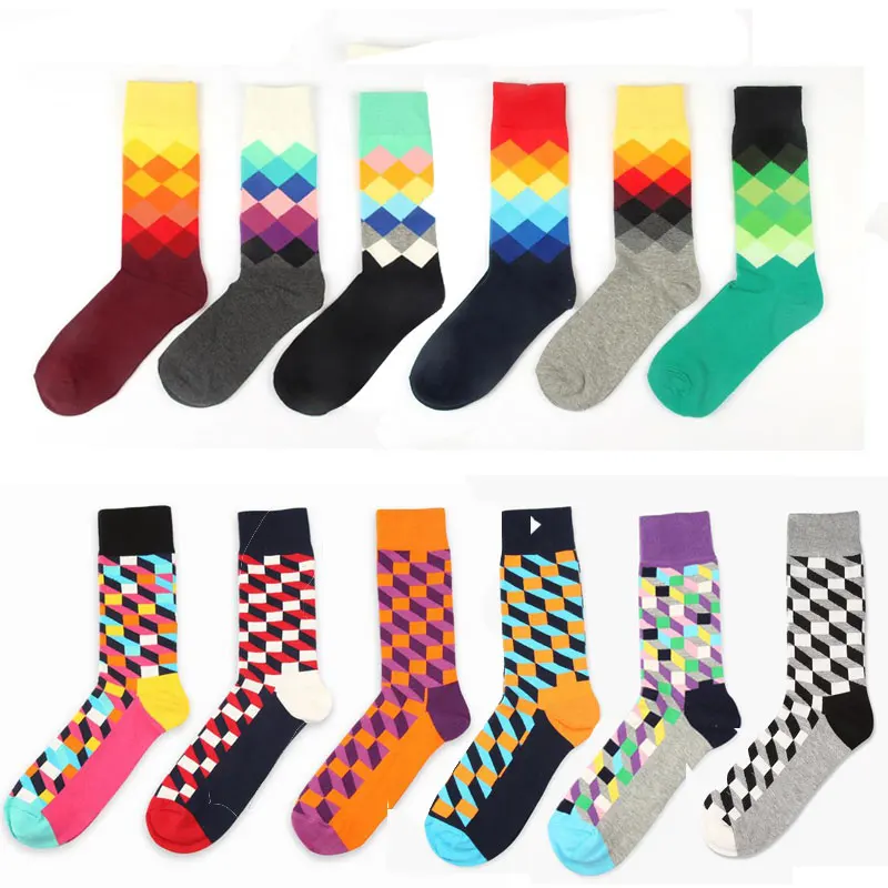 Happy Brand ideasox Socks Gradient Color Paragraph winter British style lattice Pure Cotton Stockings Men's Knee High  Socks