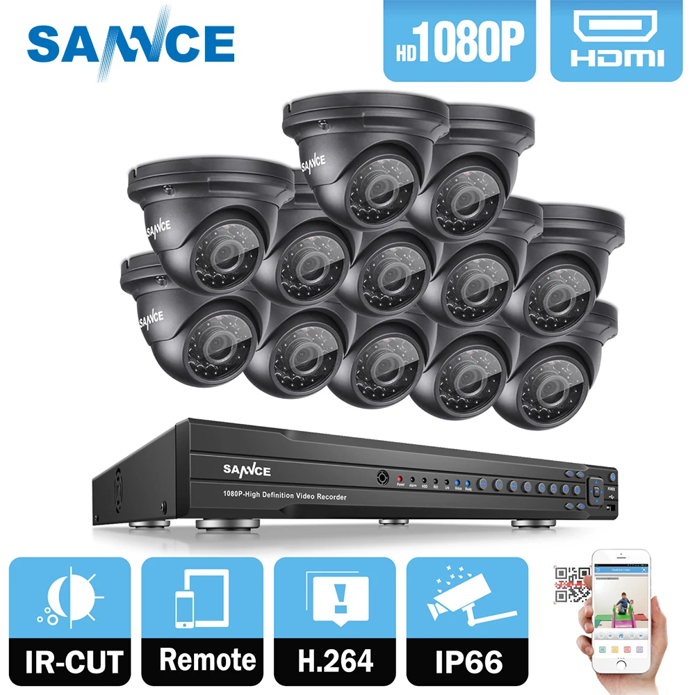 SANNCE 16CH 2MP 1080 P Full HD CCTV Системы HDMI DVR 12 шт. купол безопасности домашнего видео камер наблюдения Системы 2 ТБ HDD