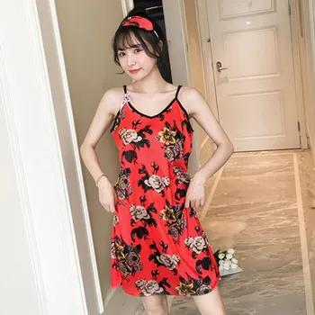 

Women Floral Fruit Print Sleepwear Dress Sexy V-Neck Sleeveless Nightgowns Summer Cool Silk Feeling Homewear Nightdress