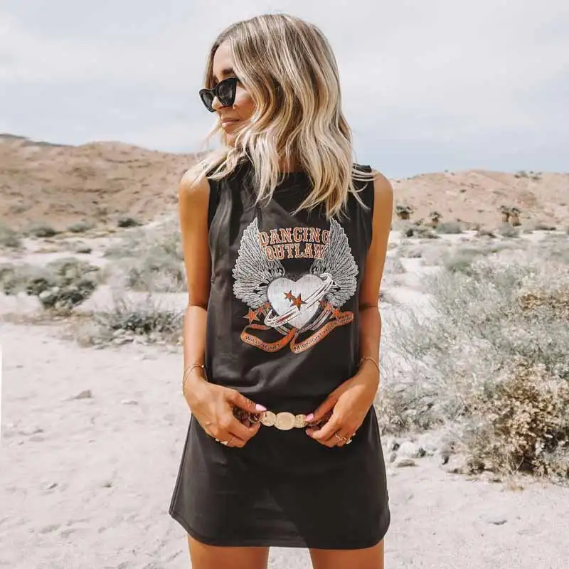 

BOHO INSPIRED rock'n'roll vibes boho DRESS sleevless casual summer dress chic Charcoal T shirt dress women 2019 gypsy vestido