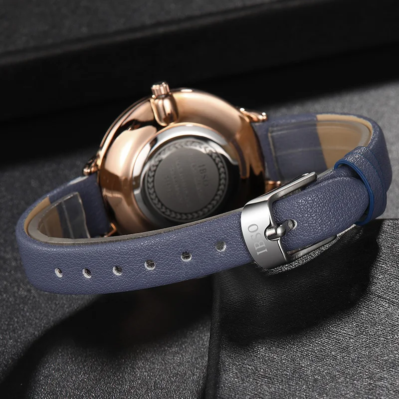 IBSO New Fashion Ultra-Thin Women Watches 2018 Blue Leather strap Quartz Watch Women Luxury Kadin kol saati Montre Femme