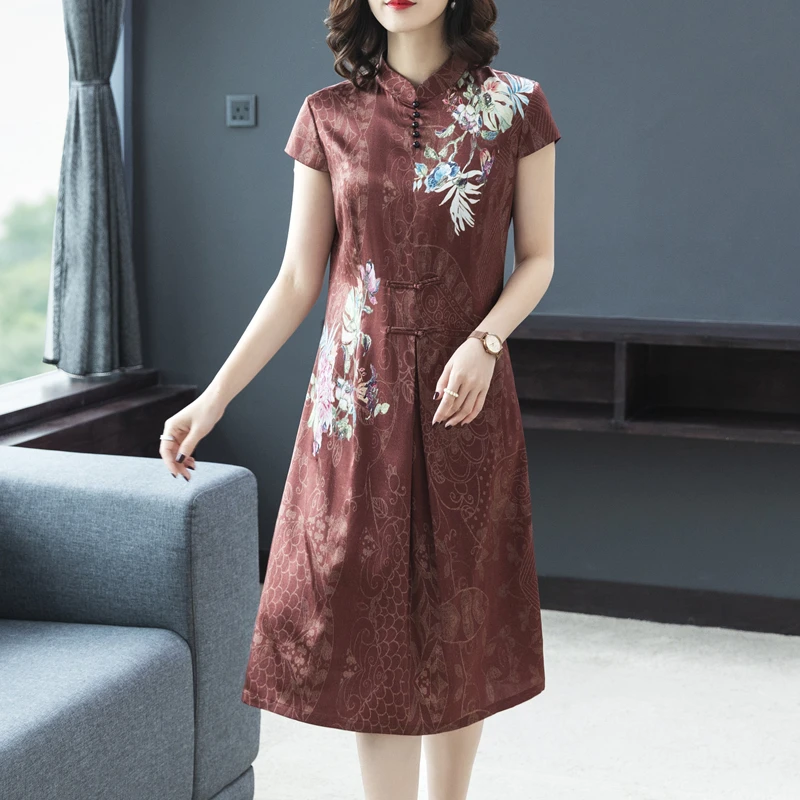 

Chinese Silk Dress Women Plus Size Xxxl 4xl High Quality 2019 Summer Party Night Robe Dresses Print Floral Elegant Vintage