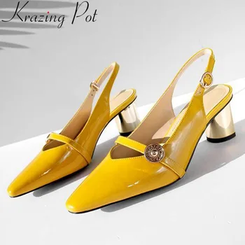 

Large size metal high heels natural leather buckle strap slingback women pumps fashion square toe movie stars dress shoes L36