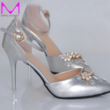 Stiletto Heel Handcraft Wedding Shoes Silver Pointed Toe Ankle Straps Bridal Dress Shoes Lady Formal Dress Pumps Banquet Heels