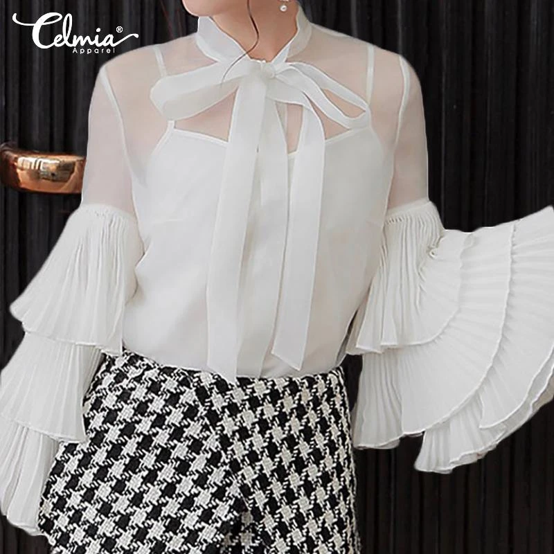 Mujeres ver a de Lace Up Blusas 2019 moda Casual suelta de manga larga con volantes Blusas de talla grande para fiesta camisas| Blusas y camisas| AliExpress