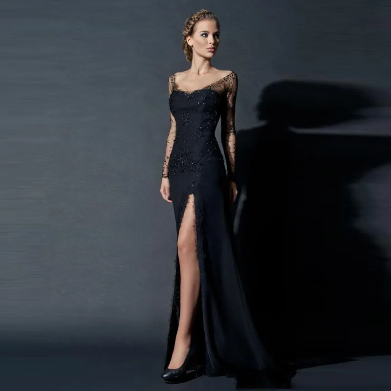 2018 New Black Lace Diamonds High Slit Mermaid Sexy V Neck Full Prom