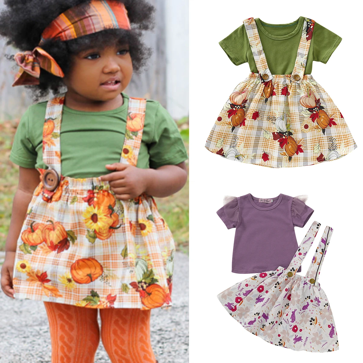 Toddler Infant Kids Baby Girl Outfits Clothes Set T-shirt Tops+Strap Skirt Dress