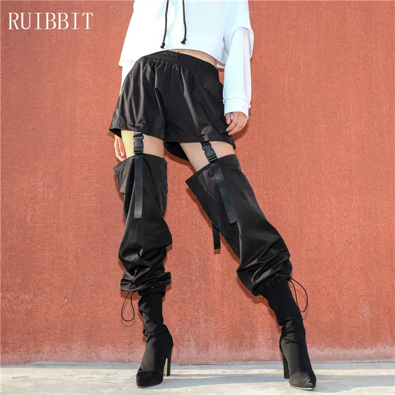 

Harajuku Black High Waist Patchwork Pants Women Fashion Hollow Out Adjustable Buckle Pencil Pants Streetwear Trousers Ladies