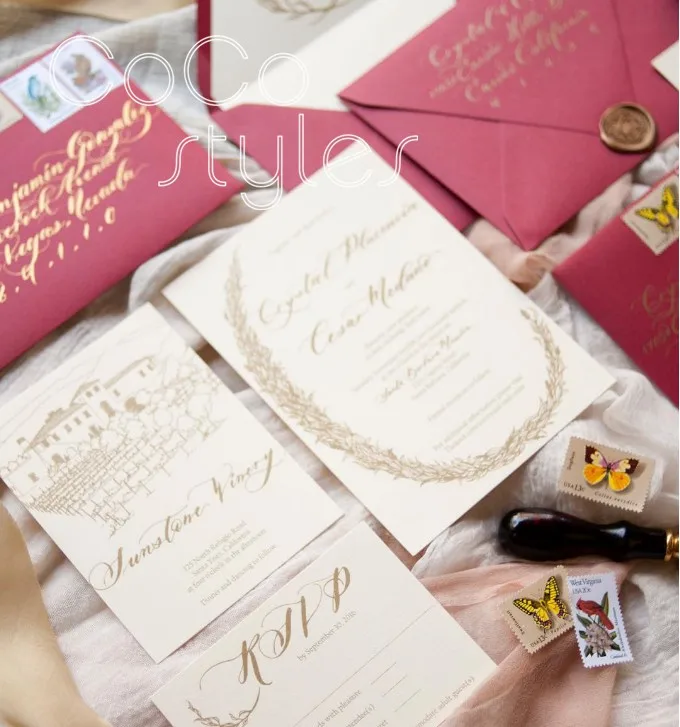  Cocostyles personalized beautiful gold foiling burgundy envelope with match invitation card for all - 32890641355