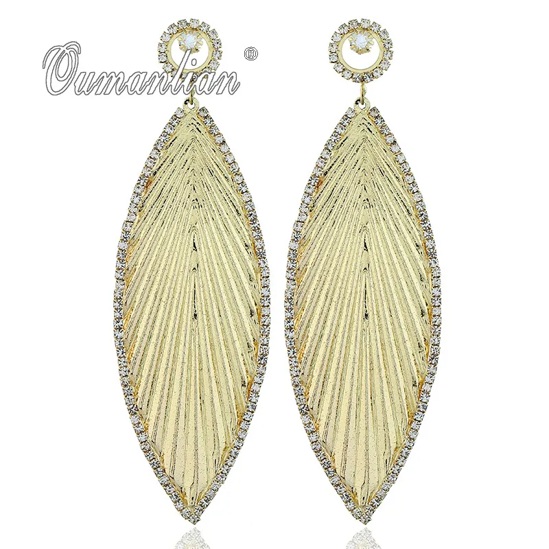 

2019 New arrival Sparkling Long Metal Leaf Crystal Earrings for Women Rhinestone Simple Gold silver color Wedding Party E109
