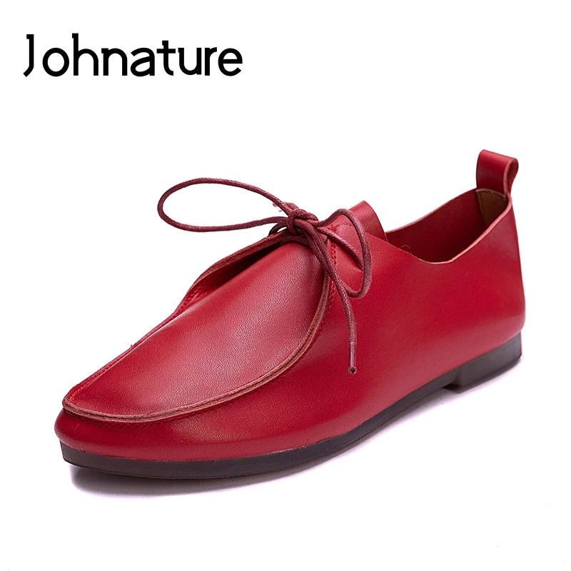 

Johnature 2019 Autumn New Retro Genuine Leather Casual Round Toe Shallow Lace-up Fashion Flat Women Shoes