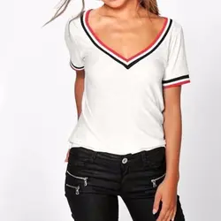 Повседневная однотонная женская футболка с v-образным вырезом в полоску, модные летние женские футболки, женская одежда