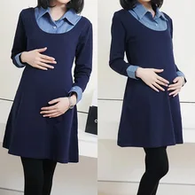 2015 Winter & Autumn Denim Patchwork False Two Pieces Maternity Dresses for Pregnant Women,Long-sleeved Dress pregnancy clothes