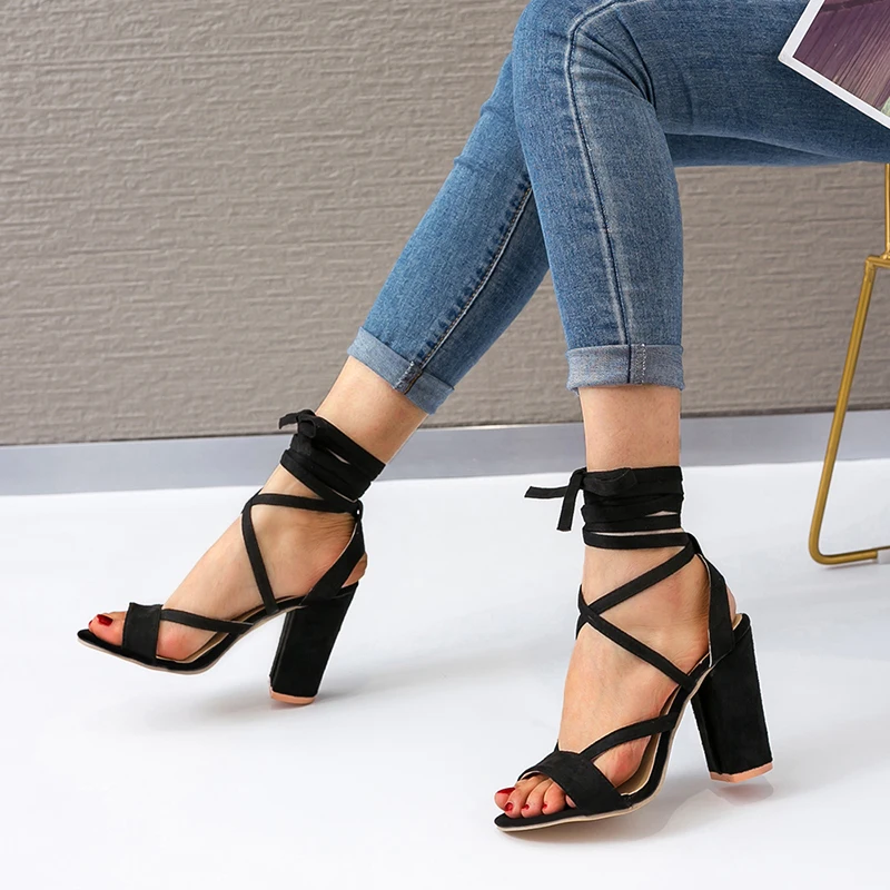 summer female Open toe high heel shoes laceup shallow mouth fish mouth single shoes outdoor walk to work high heels 34-43