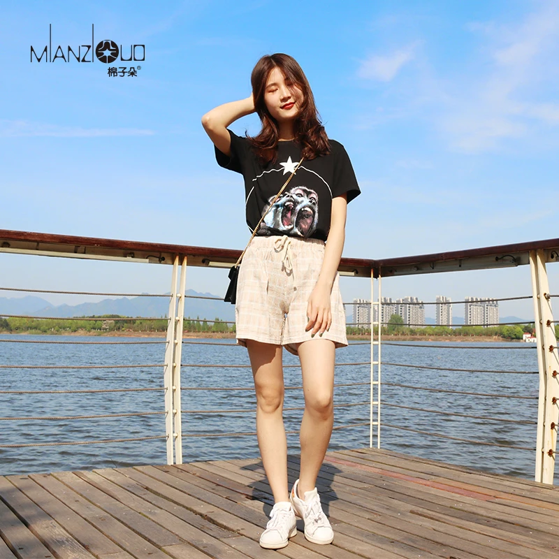 

2019 New Summer Woman Shorts Casual And High Elastic Cotton Beach Style Shorts With Belt Flowerprint Plus Size For Freeshipping
