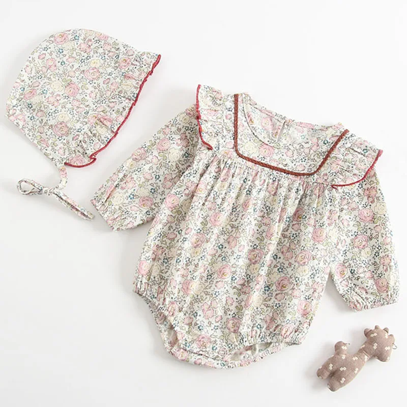 Комплекты одежды для маленьких девочек Новинка весны Сломанные цветы с длинными рукавами комбинезон+ шапка для малышей, одежда Детские комбенизоны, одежда для девочек