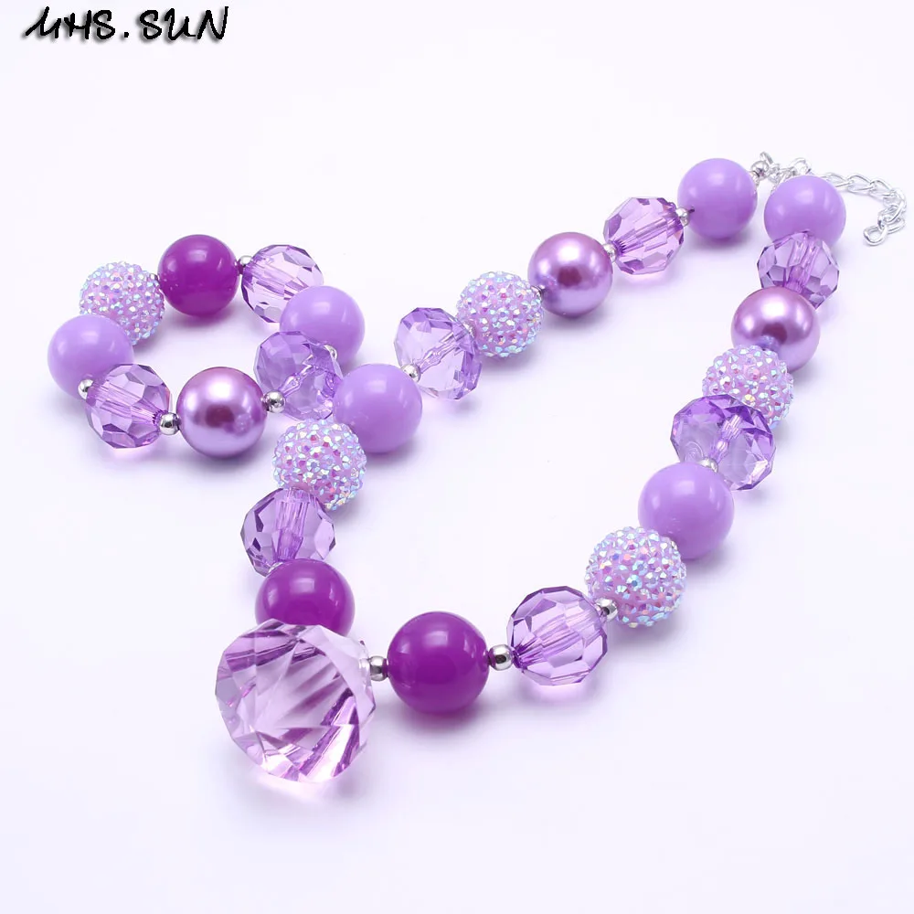 

MHS.SUN 2sets Beautiful Kid Chunky Necklace Jewelry Set Purple Color Girl Children Bubblegum Bead Chunky Necklace&Bracelet Set