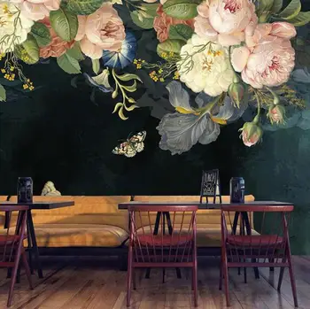 

Custom 3D Wallpaper Silk Cloth Waterproof Canvas Murals Wall Painting Pastoral Floral Flower Oil Painting Black Mural Wallpaper