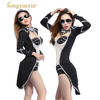 

2017 woman Jazz dance modern dance female singer ds costume dj rhinestone sexy coverall tuxedo