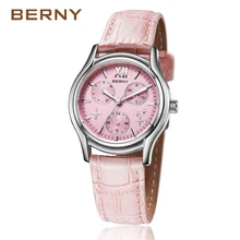 BERNY 2017 Fashion Luxury Rose Gold Star Women’s Watches with Leather Strap Multi-function Waterproof Quartz Wrist Watches 2656L
