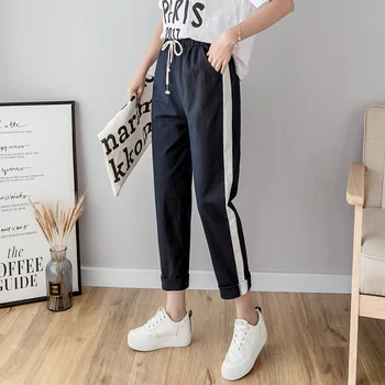 

Women Ankle Length Pants Cotton Linen Harem Pants Elastic Waist Spring Summer Trousers Casual Side Striped Pencil Pants Black
