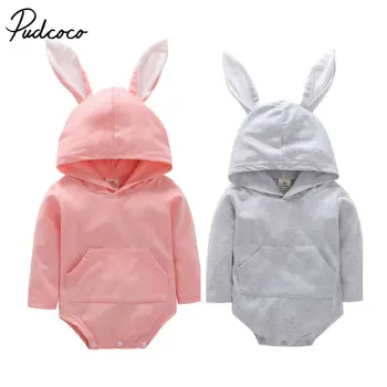 

pudcoco Baby Boy Girl Cute Rabbit Costume Solid pink gray bodysuit warm autumn winter cotton Clothes 0 1 2 Years Birthday Gift
