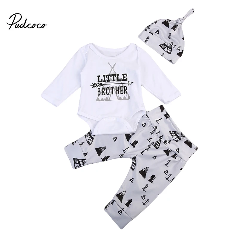 

pudcoco New born Baby Boy cotton little brother Bodysuit Tops +forest printed Pants Trousers bebe boys Hat Clothes Outfit Set