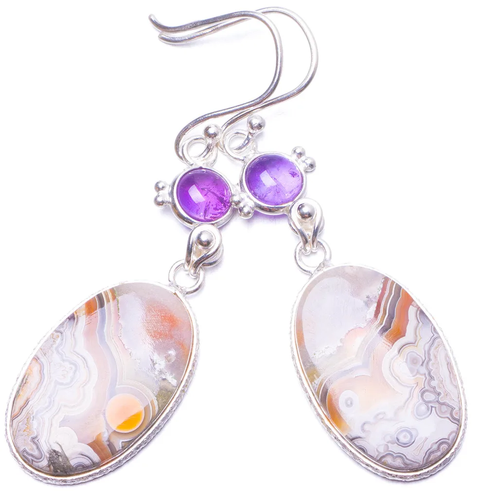 

Natural Crazy Lace Agate and Amethyst Handmade Unique 925 Sterling Silver Earrings 2" Y0946