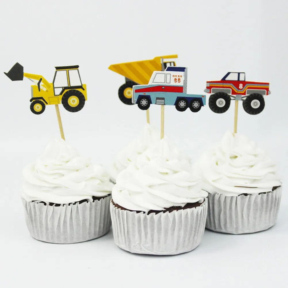 

24pcs Cake Dessert Inserted Card Prod with Car Tractor Pattern cake decoration card Cupcake Picks Kids Birthday Party Decoration