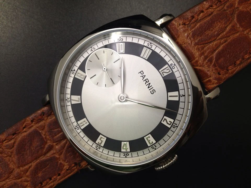 44mm Parnis SeaGull 3600 Hand Winding Movement White Dial Brown Leather Strap Men s Wrist Watch