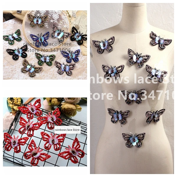 4pieces/lot Hand-beaded Multicolor Crystal Butterfly 3D Bright Patches Clothes DIY iron patches for clothing reversible sequin | Дом и сад