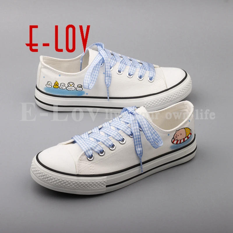 

E-LOV Fashion Design Cartoon Animal Painted Canvas Shoes Women Customized Graffiti White Casual Flat Oxford Shoes For Women