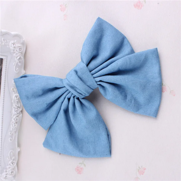 10 Colors Women Girls Vintage Soft Solid Denim Bow Barrette Big Size Lovely Bowknot Hair Clips Hairpin Blue Denim Headwear hairclips