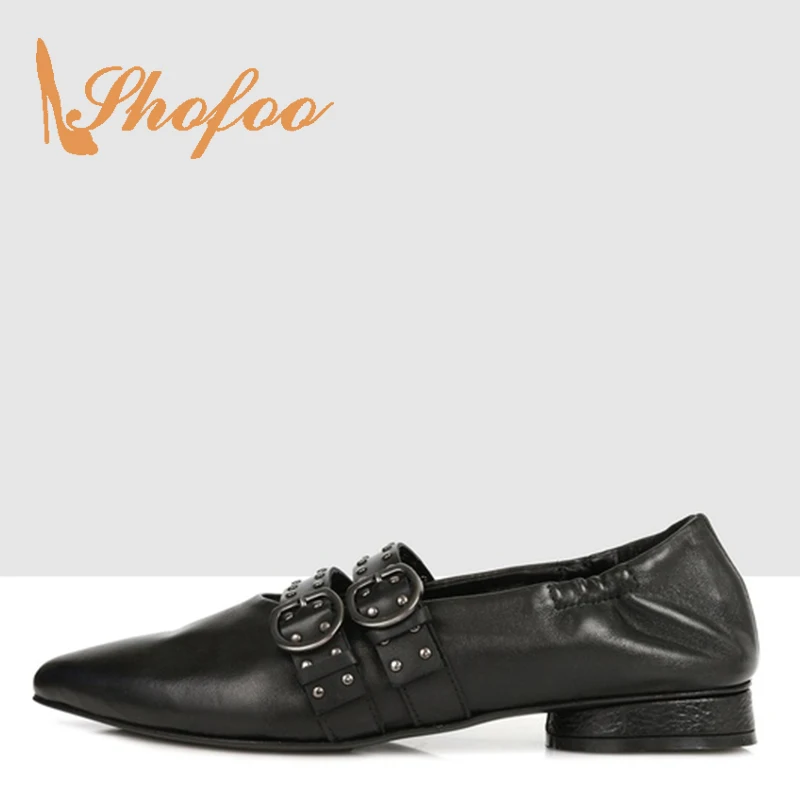 

New Fashion Black Rivet Two Buckles Pointed Toe Low Heels Pumps Woman Elastic Band Large Size 11 15 For Ladies Spring Shoes
