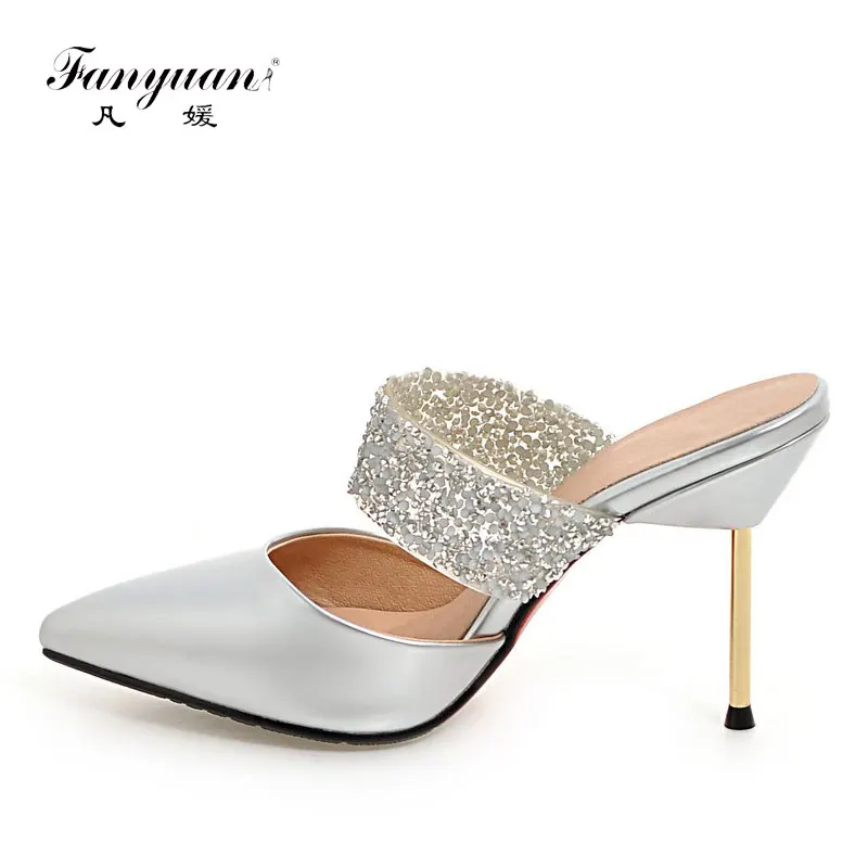 

Fanyuan 2017 Summer Women Wedding Sandals Bling Super High Thin Heels Slingback Slippers Super High Casual Slip-On Female Shoes