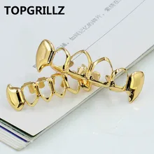Topgrillz ouro cor chapeado hip hop dentes grill superior & inferior grill hip hop bling oco dentes de vampiro para o dia das bruxas