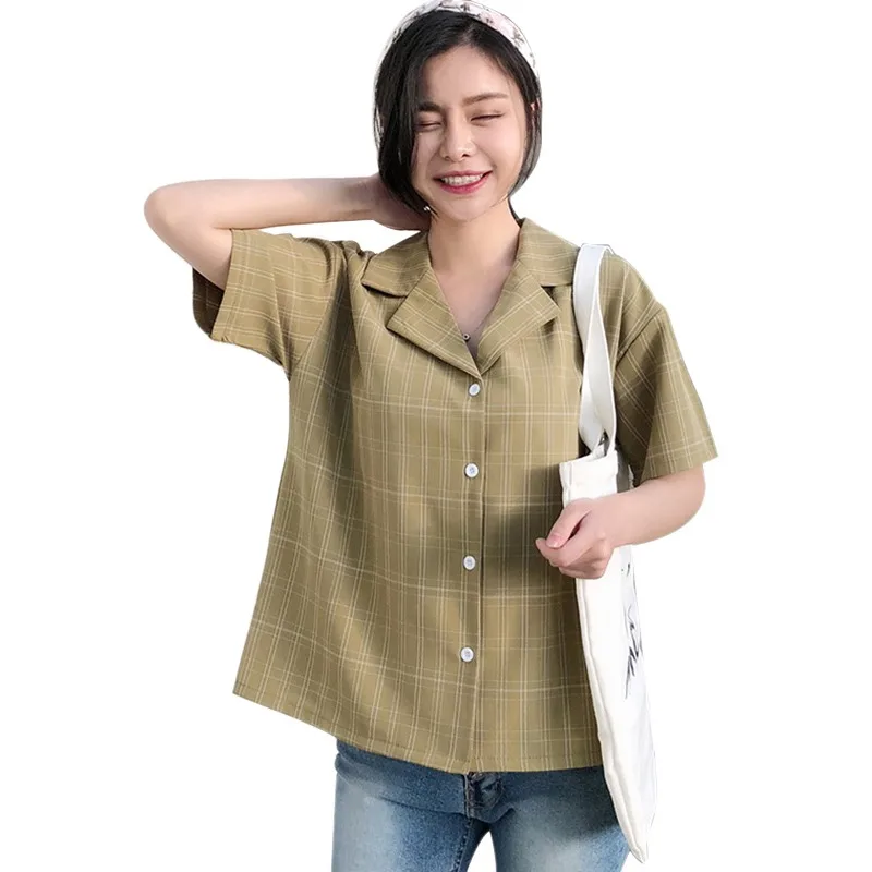 

2019 tee shirt femme Fashion Casual V-Neck Button Up Plaid Tops Loose Sexy Woman V-Neck tee shirt femme